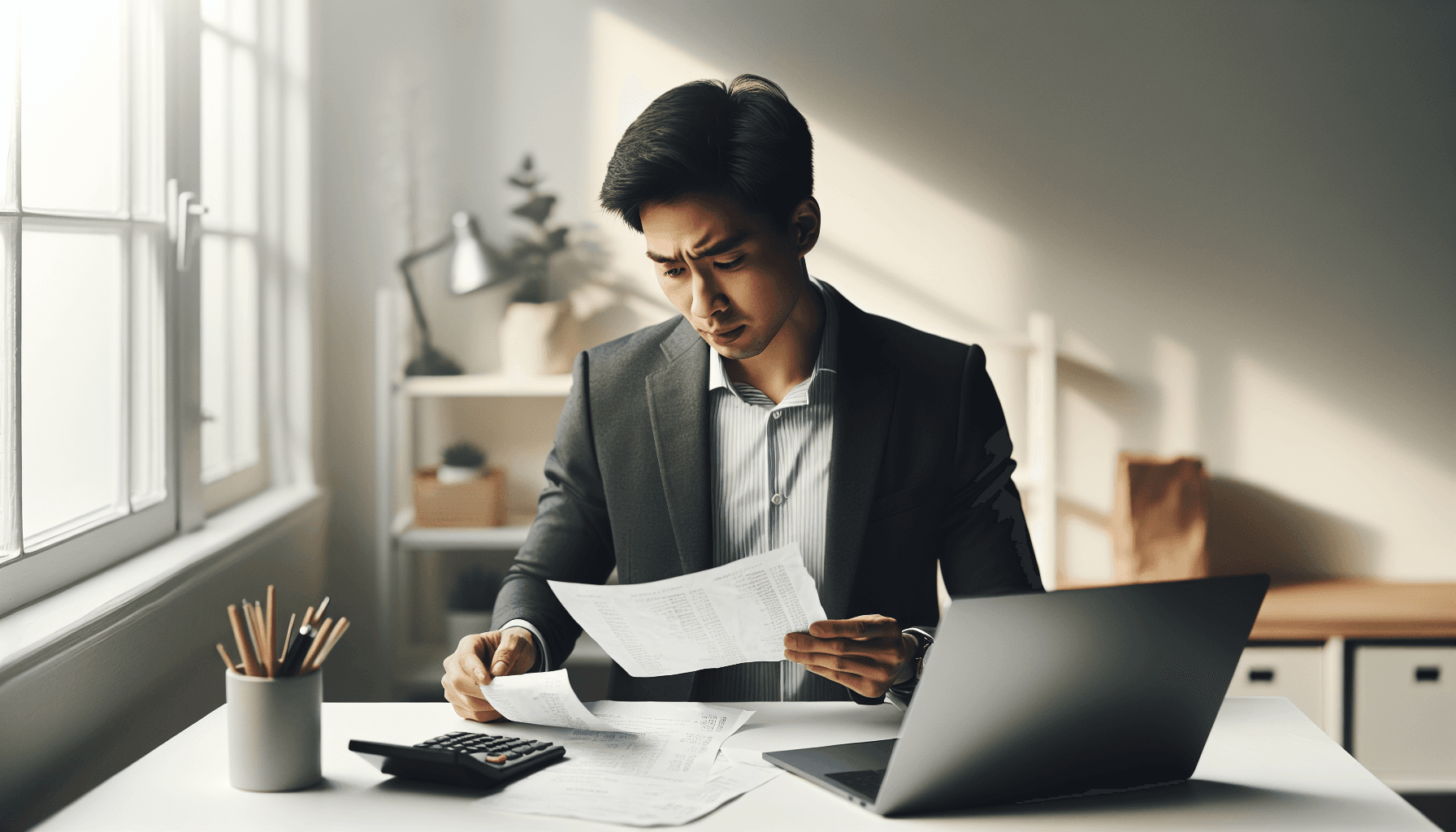 Ondernemer detecteert valse bon tijdens werk, simpele kantooromgeving