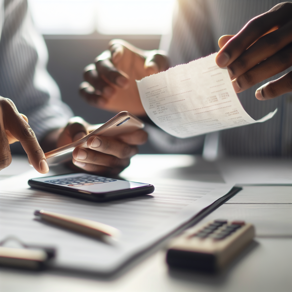 Handen scannen bonnen met smartphone voor MKB financieel beheer