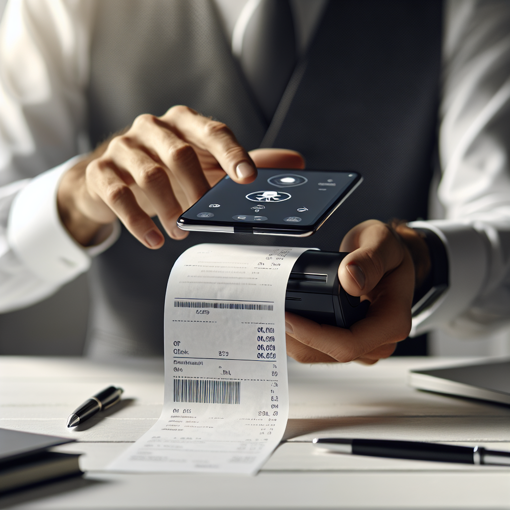 Handen van ondernemer die OCR gebruikt om bonnen te scannen, 2025